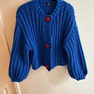 Dressed in LALA Blue Knit Sweater Cardigan with Red Buttons